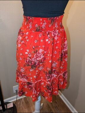torrid Orange Floral Smocked-Waist Midi Skirt With Pockets